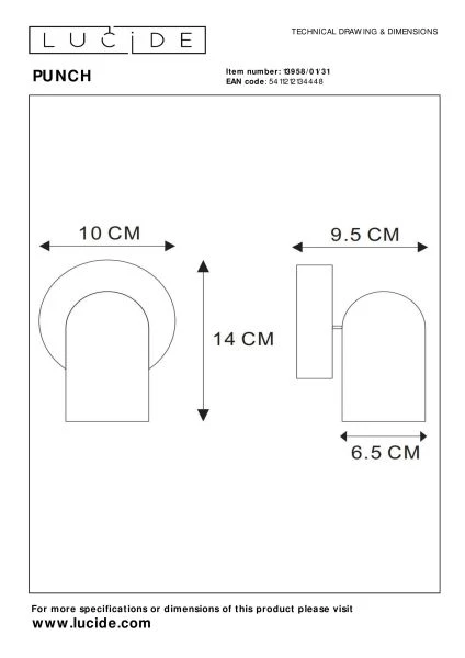 Lucide PUNCH - Ceiling spotlight - 1xGU10 - White - technical